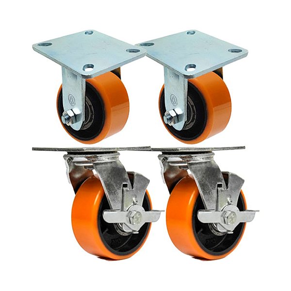 KIT 4 UN RODÍZIO FIXO GIRATÓRIO FREIO POLIURETANO FERRO PU 6