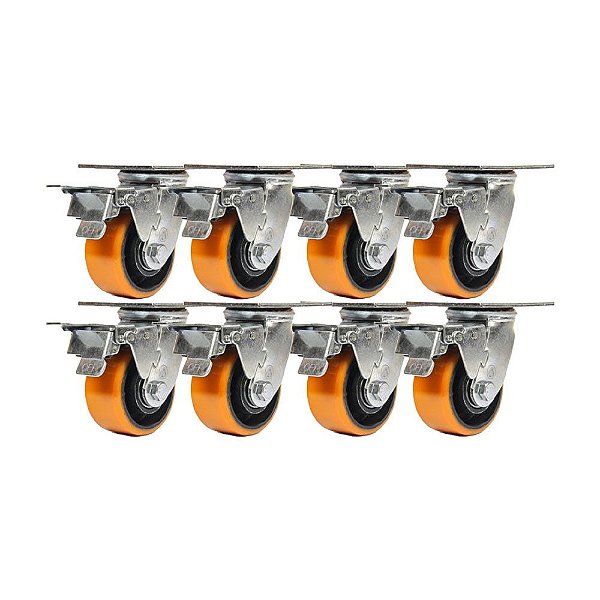 KIT 8 UN RODÍZIO GIRATÓRIO TRAVA POLIURETANO FERRO PU 5"