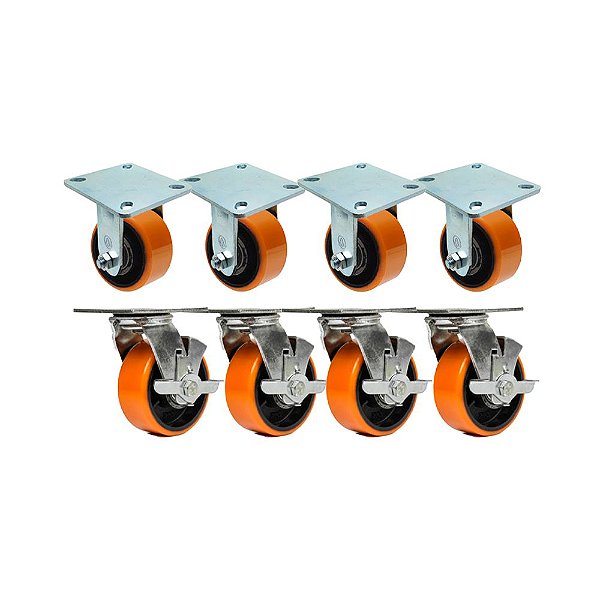 KIT 8 UN RODÍZIO FIXO GIRATÓRIO FREIO POLIURETANO FERRO PU 5