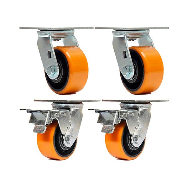 KIT 4 UN RODÍZIO GIRATÓRIO FREIO POLIURETANO FERRO PU 5"