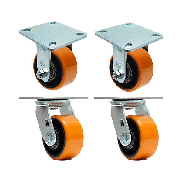 KIT 4 UN RODA RODÍZIO FIXO GIRATÓRIO POLIURETANO FERRO PU 5"