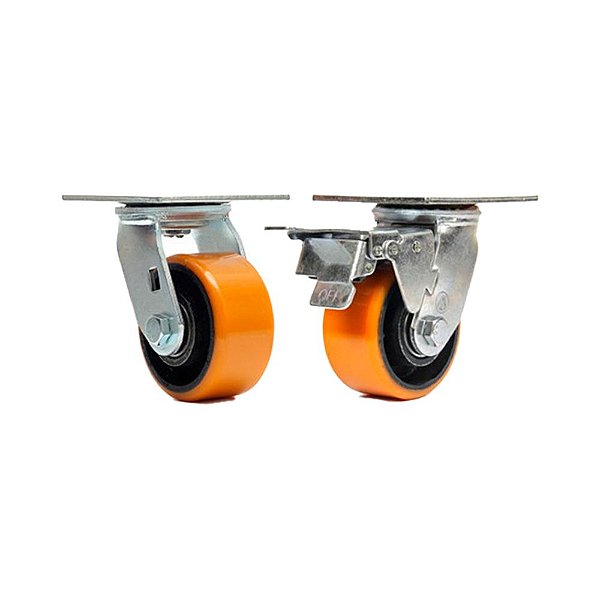 KIT 2 UN RODÍZIO GIRATÓRIO FREIO POLIURETANO FERRO PU 5"