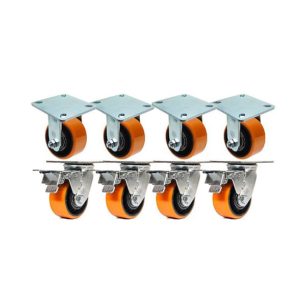 KIT 8 UN RODÍZIO FIXO GIRATÓRIO FREIO POLIURETANO FERRO PU 5