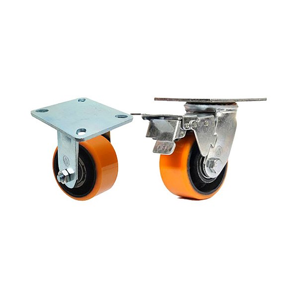KIT 2 UN RODÍZIO FIXO GIRATÓRIO FREIO POLIURETANO FERRO PU 5