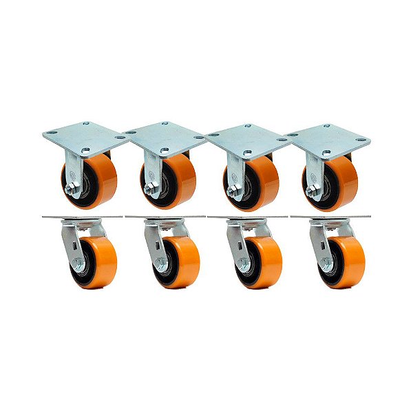 KIT 8 UN RODA RODÍZIO FIXO GIRATÓRIO POLIURETANO FERRO PU 4"