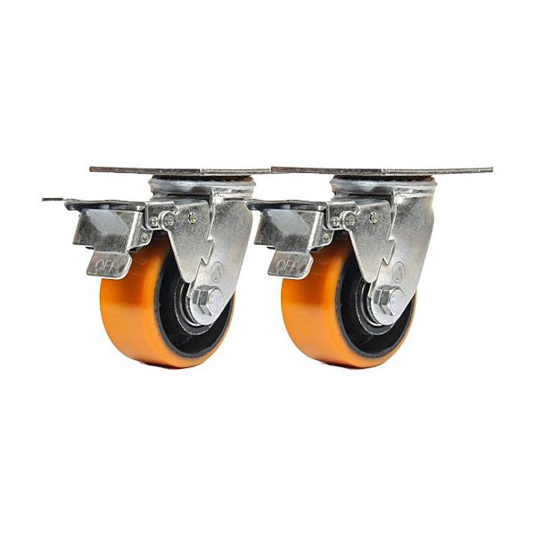 KIT 2 UN RODÍZIO GIRATÓRIO TRAVA POLIURETANO FERRO PU 4"