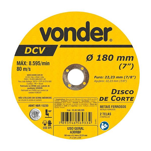DISCO DE CORTE 180 MM X 3,2 MM X 22,23 MM DCV VONDER
