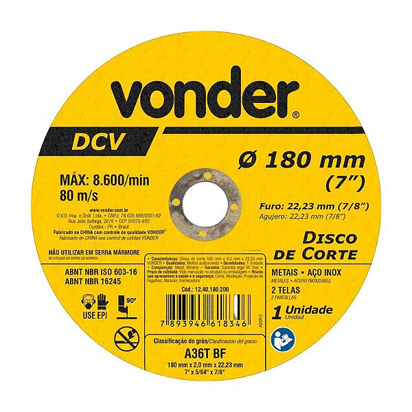 DISCO DE CORTE 180 MM X 2,0 MM X 22,23 MM DVC VONDER