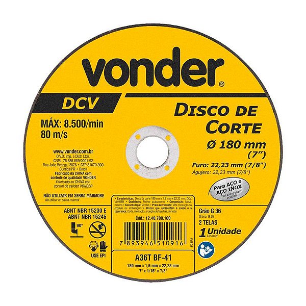 DISCO DE CORTE 180 MM X 1,6 MM X 22,23 MM DCV VONDER