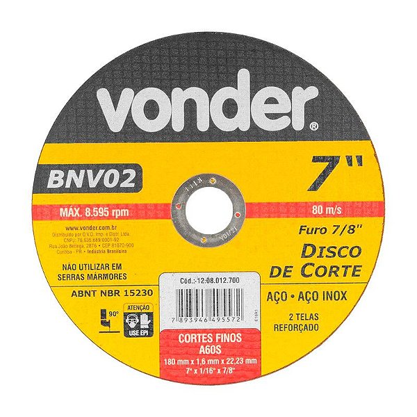 DISCO DE CORTE 180 MM X 1,6 MM X 22,23 MM BNV02 VONDER