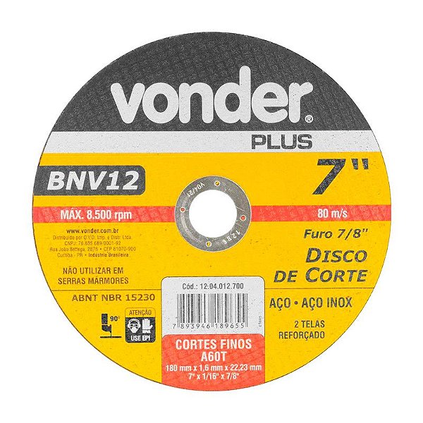 DISCO DE CORTE 180 MM X 1,6 MM X 22,23 MM BNV12 VONDER PLUS