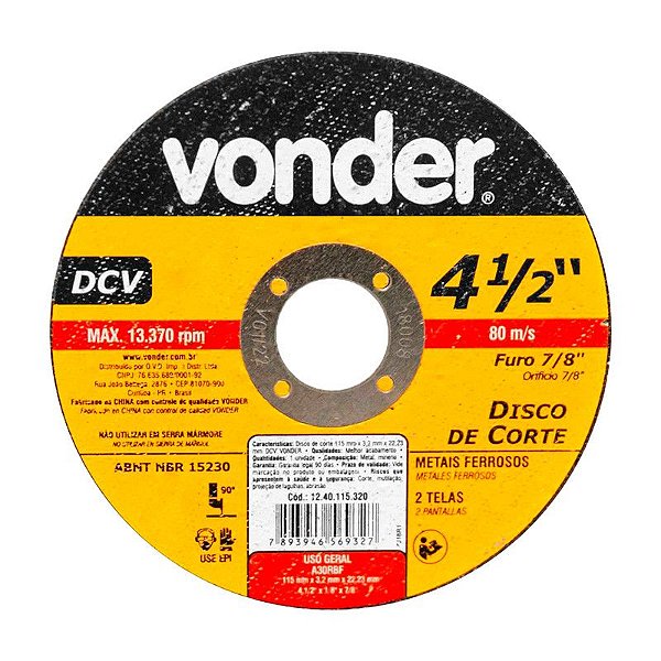 DISCO DE CORTE 115 MM X 3,2 MM X 22,23 MM DCV VONDER