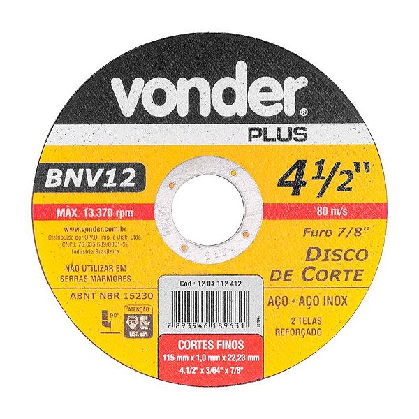 DISCO DE CORTE 115 MM X 1,0 MM X 22,23 MM BNV12 VONDER PLUS