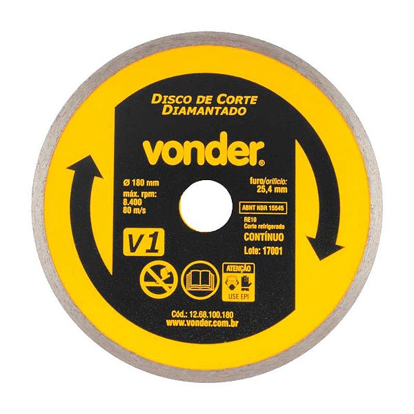 DISCO DE CORTE DIAMANTADO 180MM CONTÍNUO V1 VONDER