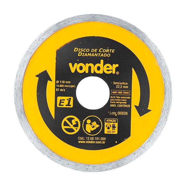 DISCO DE CORTE DIAMANTADO 110MM E1 FURO 22MM VONDER