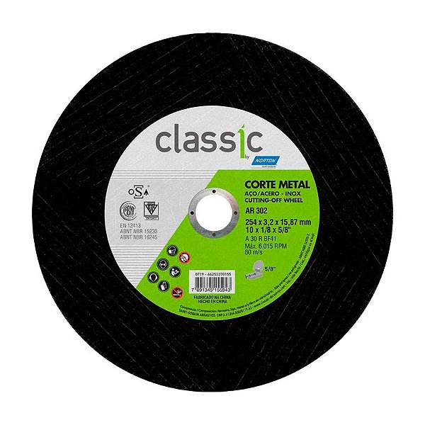 DISCO DE CORTE 254MM X 3,2MM X 15,90MM AR302 CLASSIC NORTON