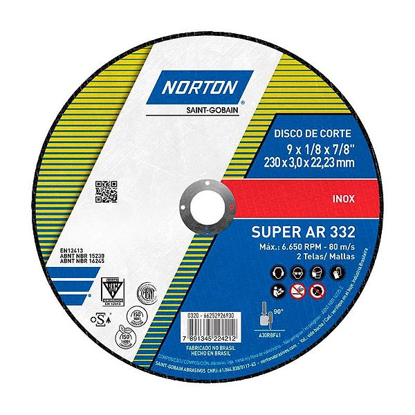 DISCO DE CORTE 230MM X 3,0MM X 22,23MM AR332 INOX NORTON
