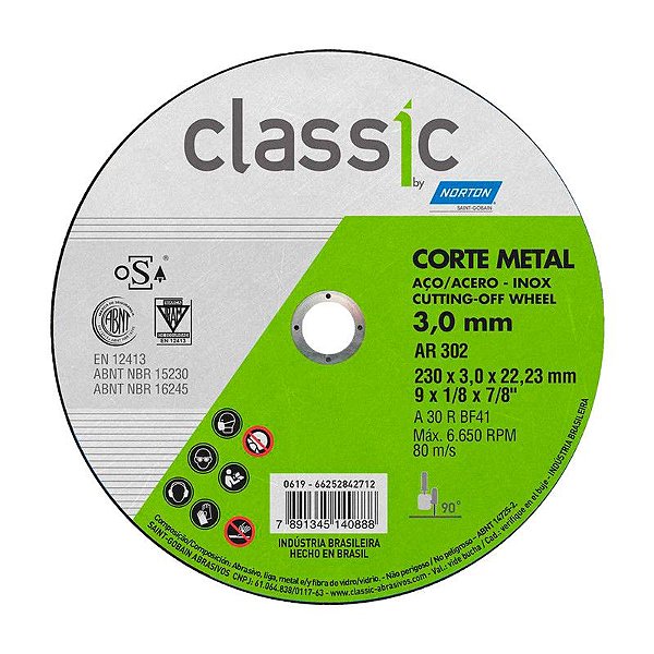 DISCO DE CORTE 230MM X 3,0MM X 22,23MM AR302 CLASSIC NORTON