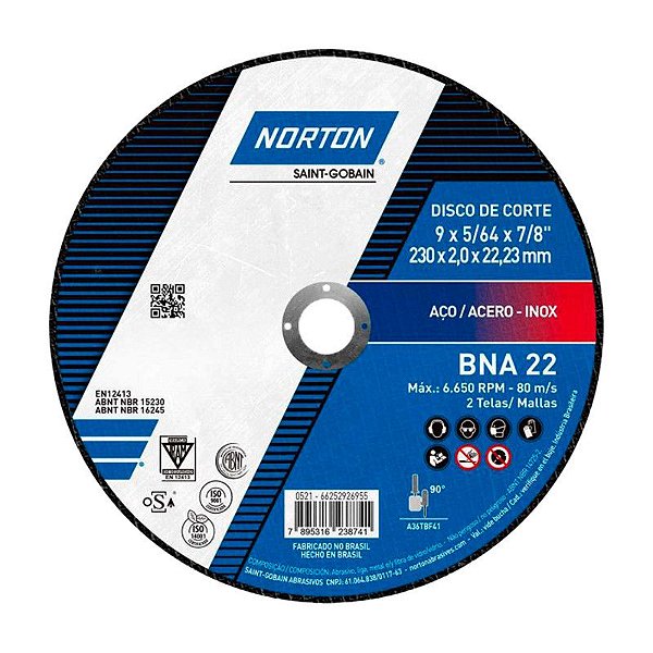 DISCO DE CORTE 230MM X 2,0MM X 22,23MM BNA22 NORTON
