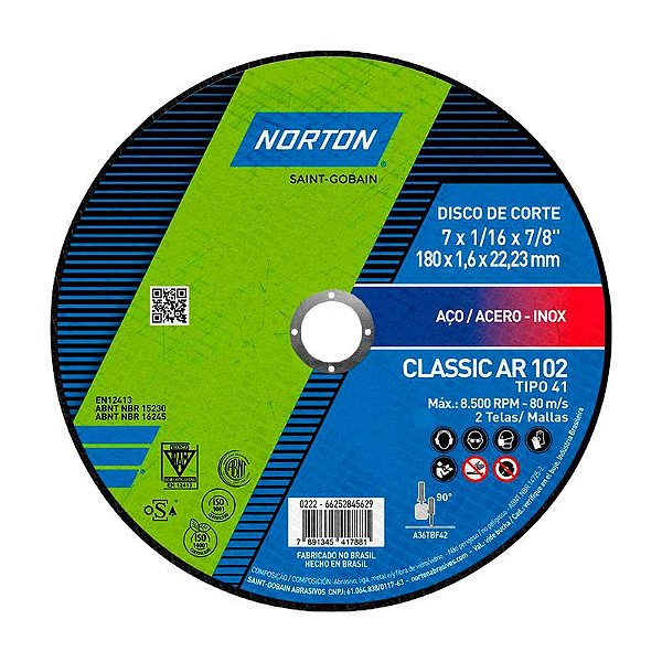 DISCO DE CORTE 180MM X 1,6MM X 22,23MM CLASSIC NORTON