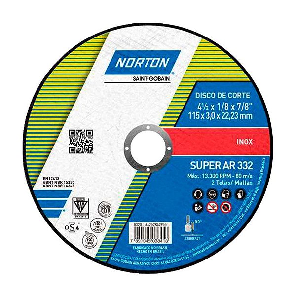 DISCO DE CORTE 115MM X 3,0MM X 22,23MM AR332 INOX NORTON