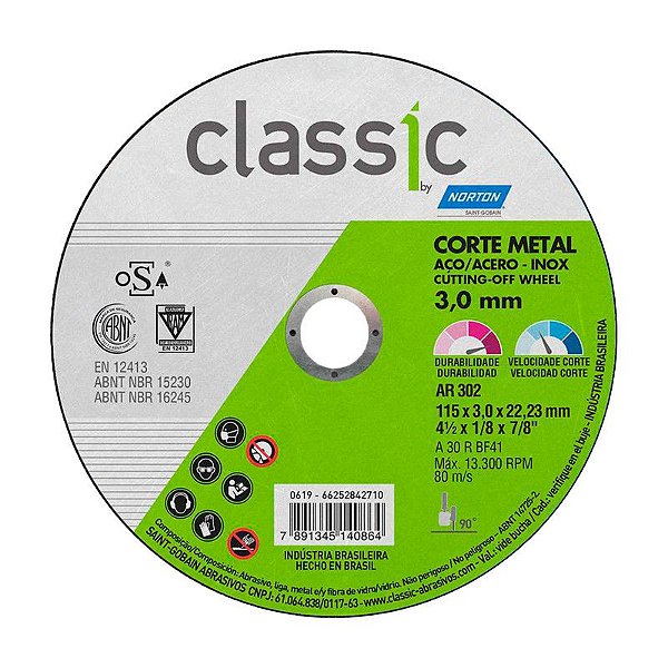 DISCO DE CORTE 115MM X 3,0MM X 22,23MM CLASSIC NORTON