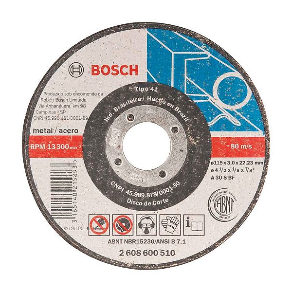 DISCO DE CORTE 115MM X 3,0MM X 22,23MM 2608600510 BOSCH