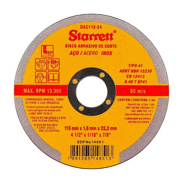 DISCO DE CORTE 115MM X 1,6MM X 22,23MM DAC115 24 STARRETT
