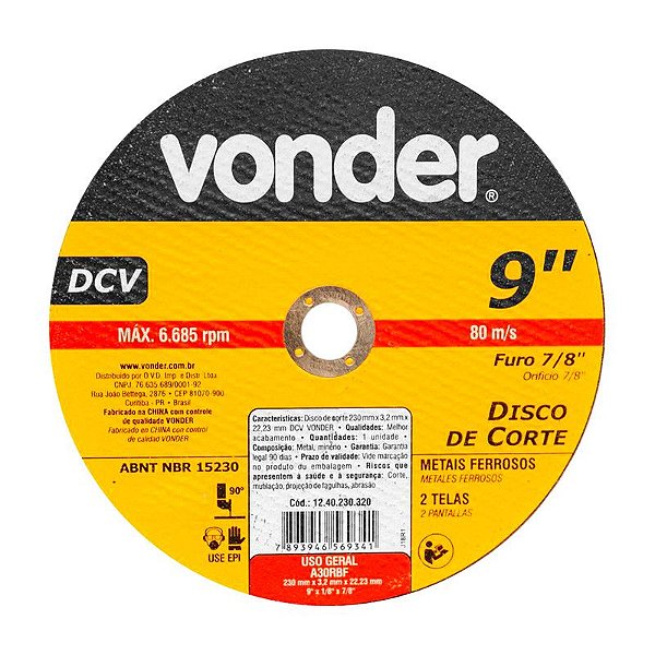 KIT 25 DISCO DE CORTE 230 MM X 3,2 MM X 22,23 MM DCV VONDER