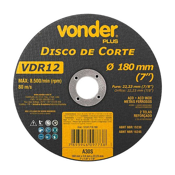 KIT 25 DISCO DE CORTE 180MM X 3,0MM X 22,23MM VDR12 VONDER