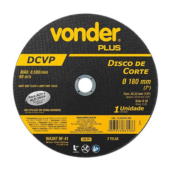 KIT 200 DISCO DE CORTE 180 MM X 1,6 MM X 22,23 MM DCV VONDER