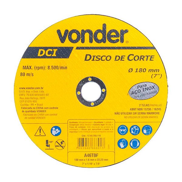 KIT 50 DISCO DE CORTE 180MM X 1,6MM X 22,23MM DCI INOX VONDE
