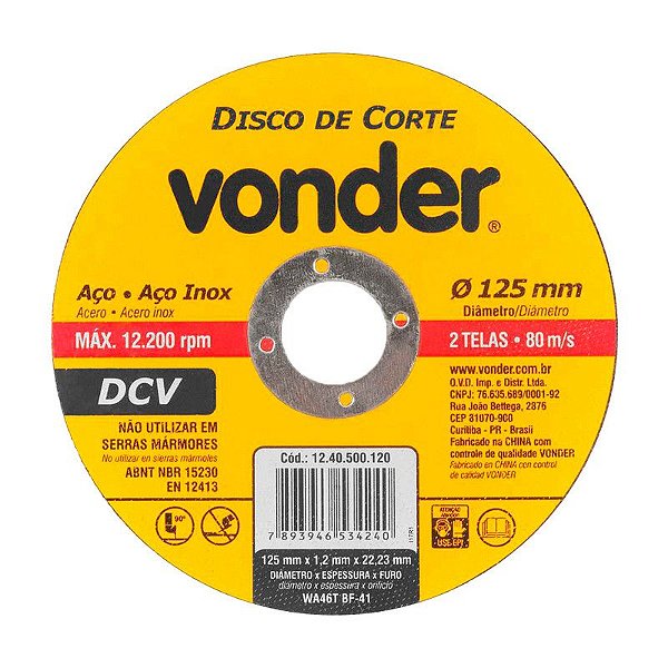 KIT 400 DISCO DE CORTE 125 MM X 1,2 MM X 22,23 MM DCV VONDER
