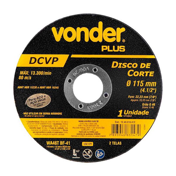 KIT 400 DISCO DE CORTE 115MM X 1,6MM X 22,23MM DCVP VONDER