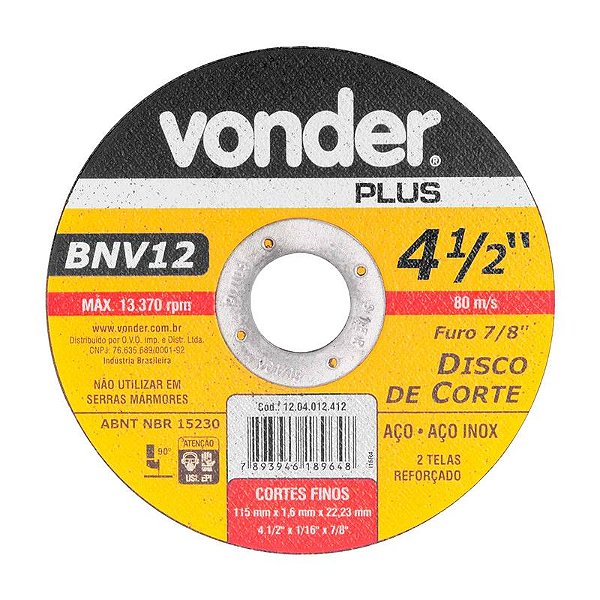 KIT 25 DISCO DE CORTE 115MM X 1,6MM X 22,23MM BNV12 VONDER
