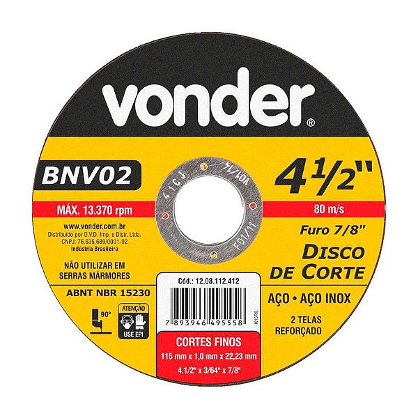 KIT 25 DISCO DE CORTE 115MM X 1,0MM X 22,23MM BNV02 VONDER