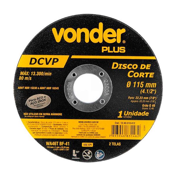 KIT 25 DISCO DE CORTE 115 MM X 1,0 MM X 22,23 MM DCV VONDER