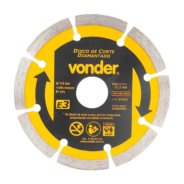 KIT 100 DISCO DE CORTE DIAMANTADO 110MM E3 FURO 22MM VONDER
