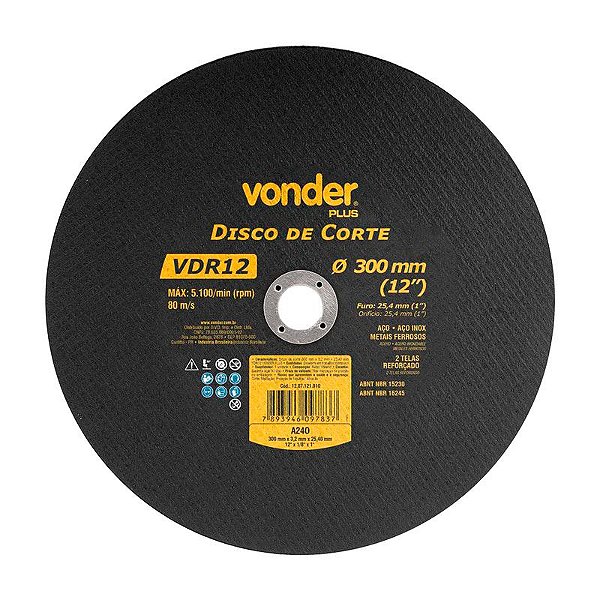 KIT 10 DISCO DE CORTE 300 MM X 3,2 MM X 25,4 MM VDR12 VONDER