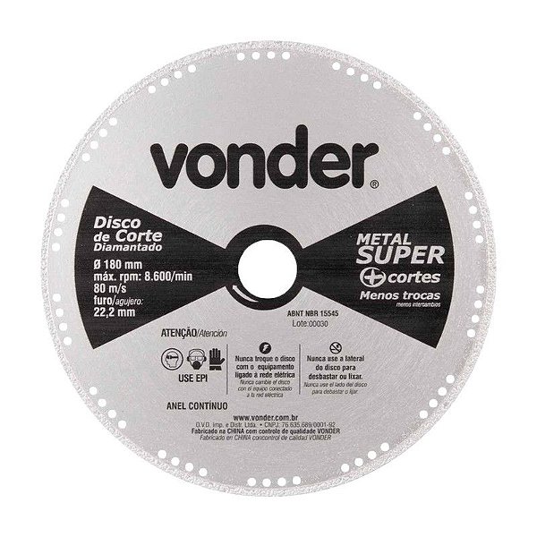 KIT 50 DISCO DE CORTE DIAMANTADO 180MM CONTÍNUO METAL VONDER