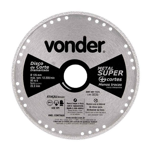 KIT 100 DISCO DE CORTE DIAMANTADO 125MM CONTÍNUO METAL VONDE