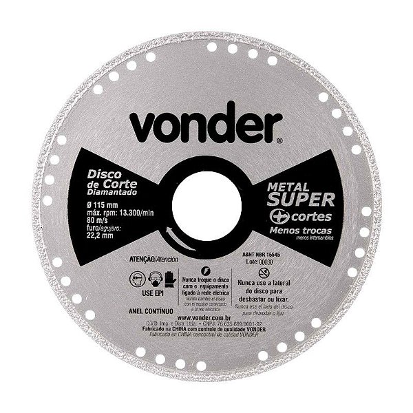 KIT 25 DISCO DE CORTE DIAMANTADO 115MM CONTÍNUO METAL VONDER