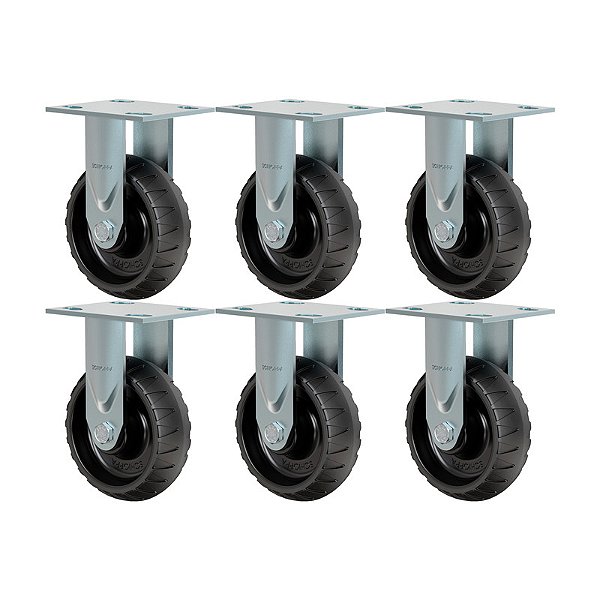 KIT 6 RODÍZIO FIXO BORRACHA ATÓXICA PRETA FS 62 STRE 250KG