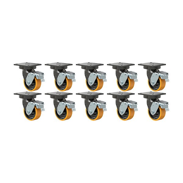 KIT 10 RODÍZIO GIRATÓRIO FREIO PU MOLDADO GMX52 PE FPD 600KG