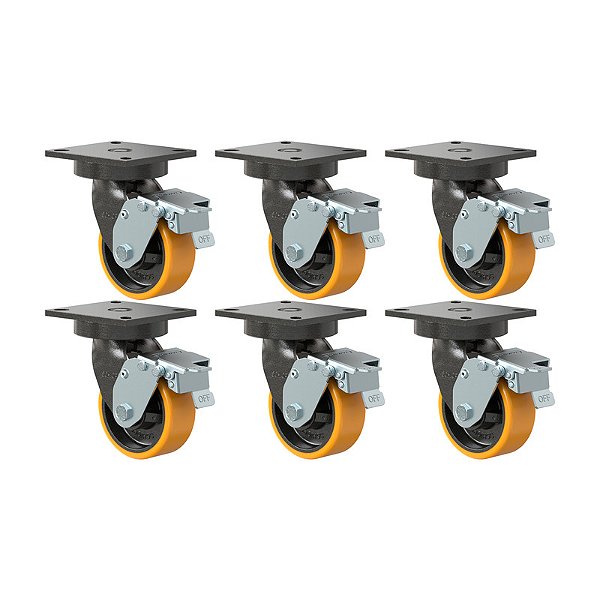 KIT 6 RODÍZIO GIRATÓRIO FREIO PU MOLDADO GMX 52 PE FPD 600KG