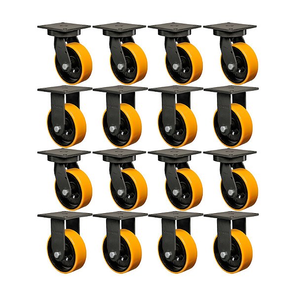 KIT 16 RODÍZIO FIXO GIRATÓRIO PU MOLDADO MX 52 PE 600KG