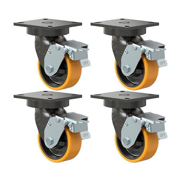 KIT 4 RODÍZIO GIRATÓRIO FREIO PU MOLDADO GMX 52 PE FPD 600KG