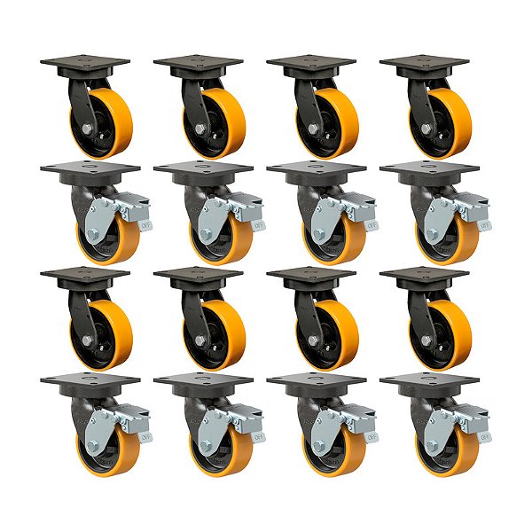 KIT 16 RODÍZIO GIRATÓRIO FREIO PU MOLDADO GMX52 PE FPD 600KG