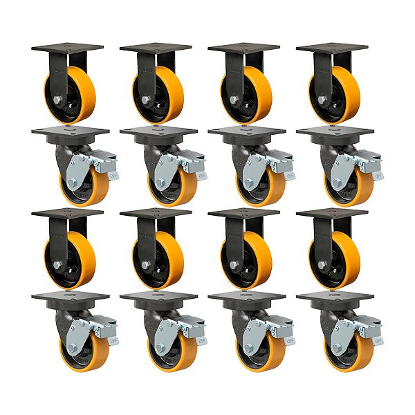 KIT 16 RODÍZIO FIXO GIRATÓRIO FREIO PU MOLDADO MX52 PE 600KG