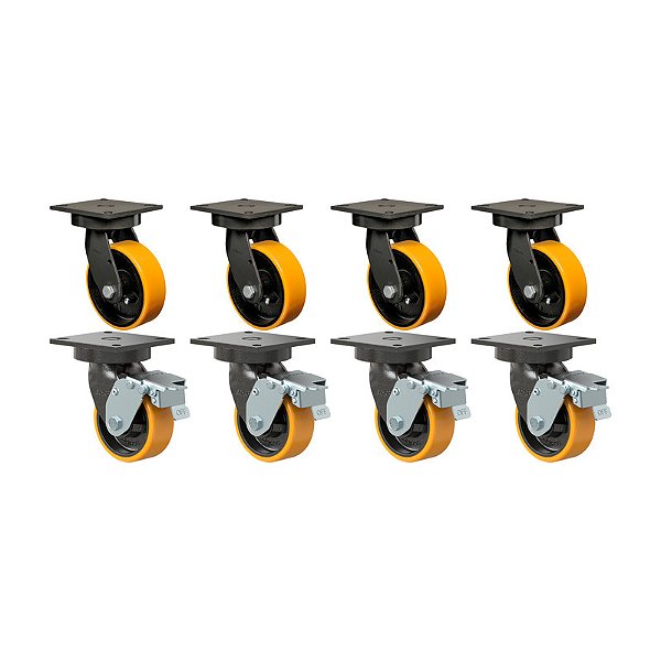 KIT 8 RODÍZIO GIRATÓRIO FREIO PU MOLDADO GMX 52 PE FPD 600KG